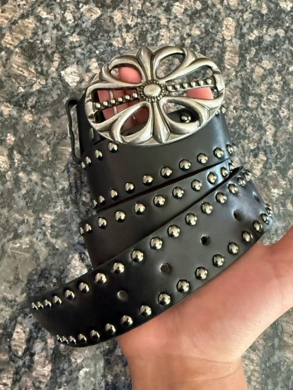 Black Belt with Ornate Floral Cutout Buckle
